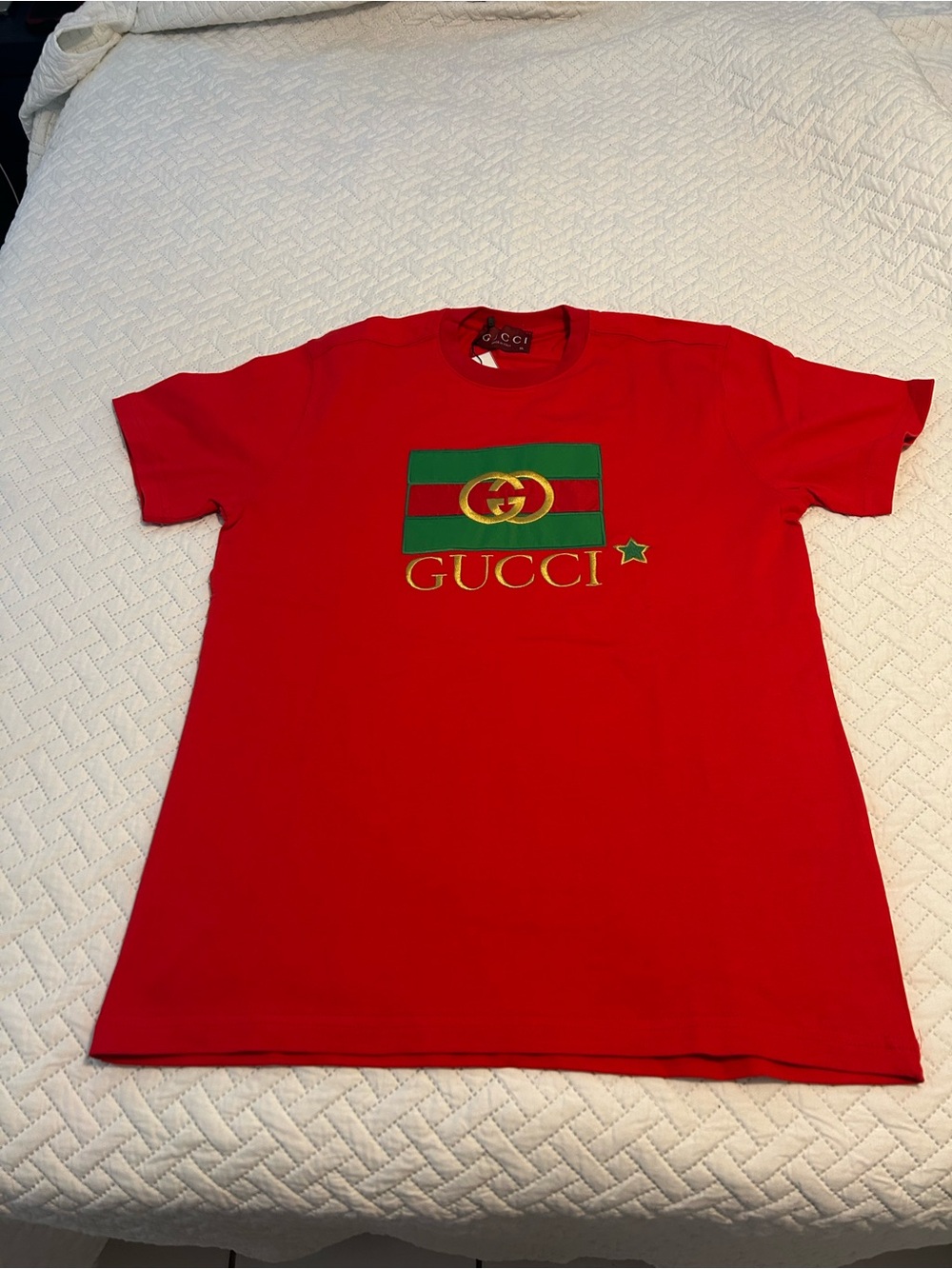 Gucci Red Short-Sleeve Tee with Green-Red Stripe and Gold Logo